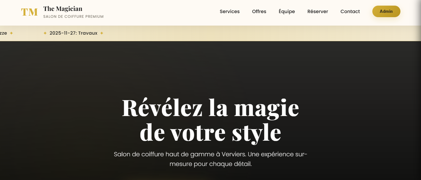 Interface du site salon de coiffure