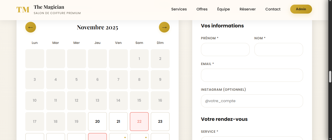 Calendrier et réservations pour salon